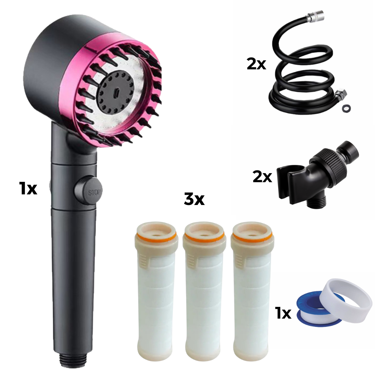 Głowica prysznicowa + 2X Wąż + 2X Adapter + 3x filtr + taśma teflonowa