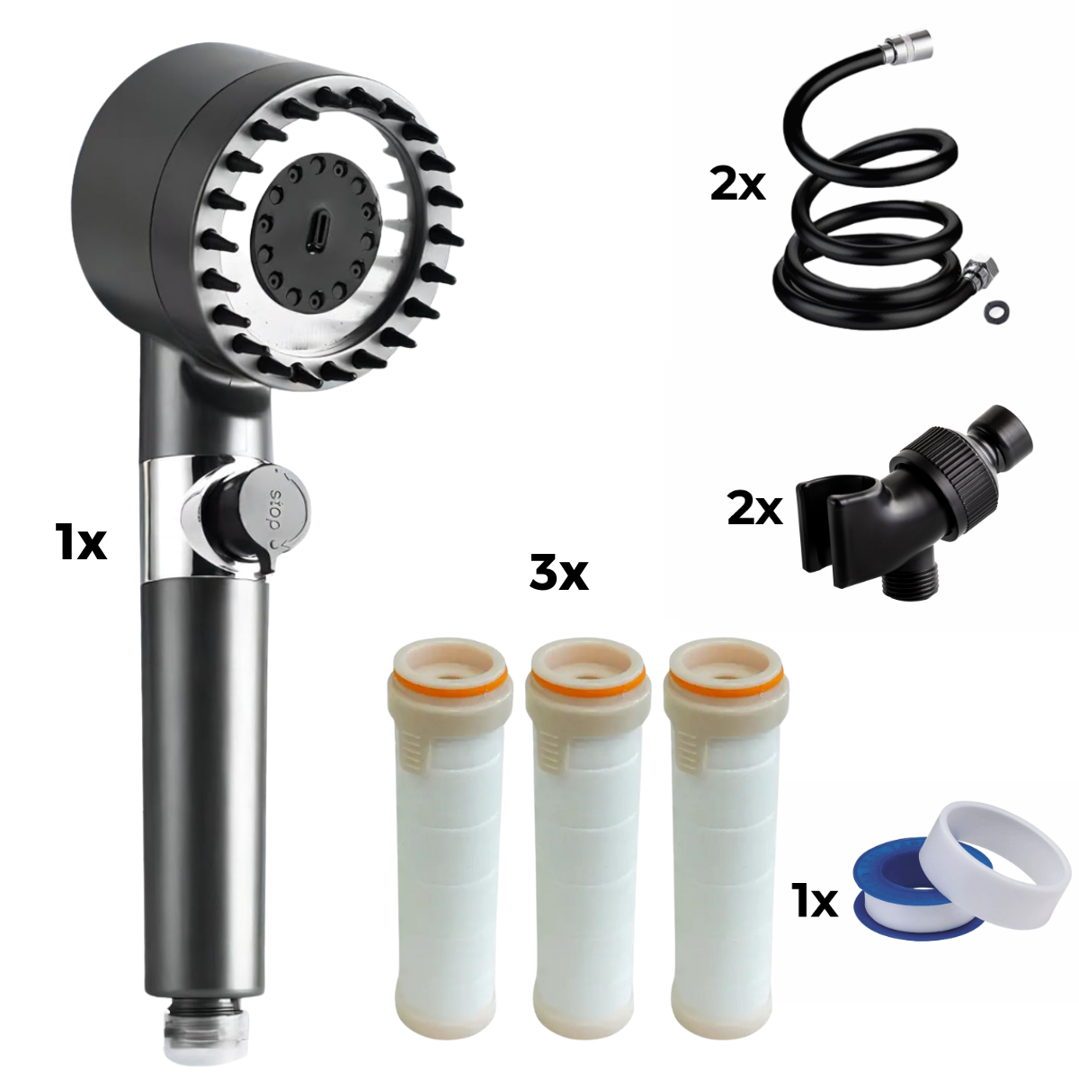 Głowica prysznicowa + 2X Wąż + 2X Adapter + 3x filtr + taśma teflonowa