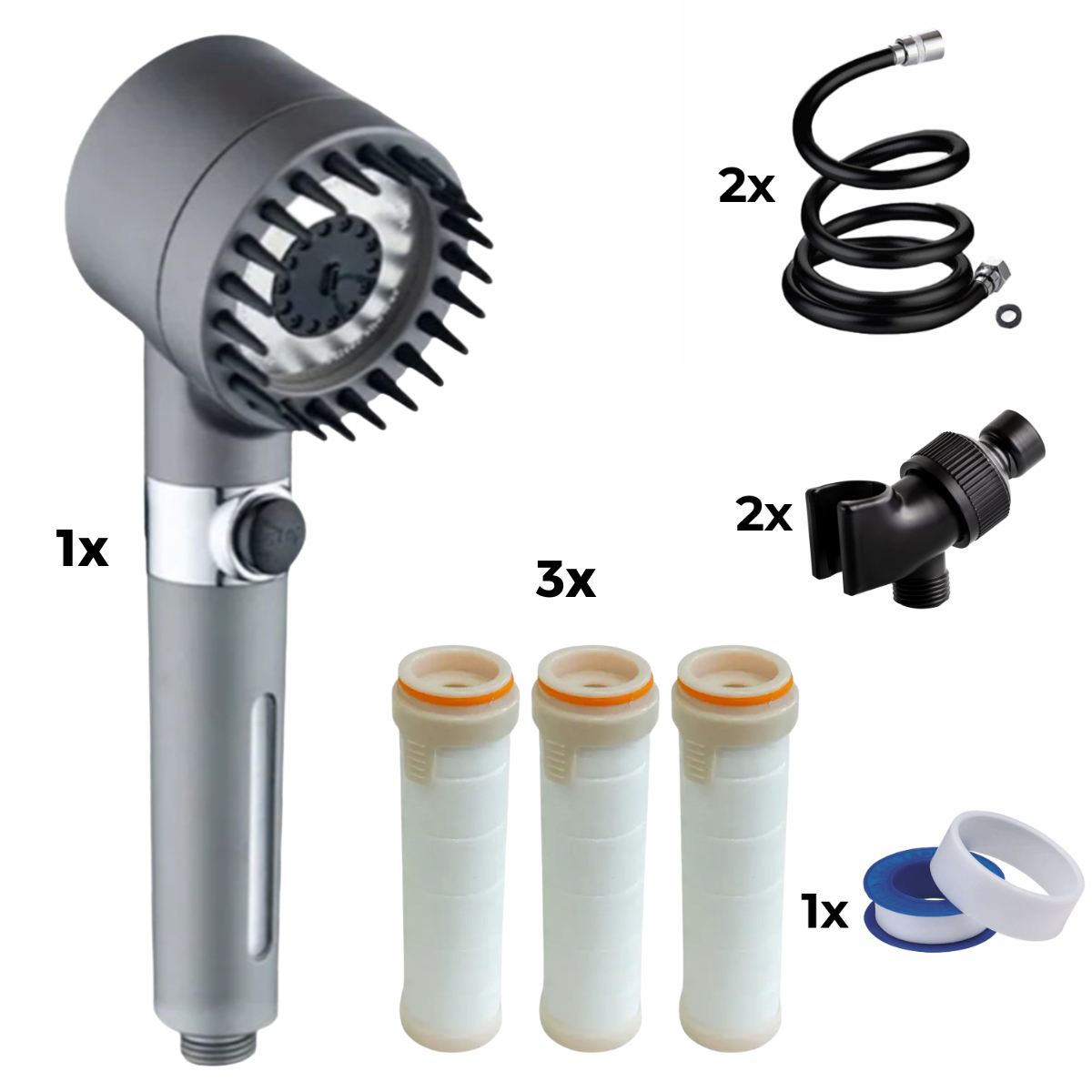 Głowica prysznicowa + 2X Wąż + 2X Adapter + 3x filtr + taśma teflonowa
